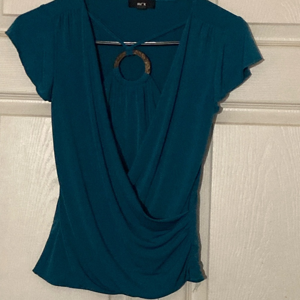 BCX Teal Blouse with Ring Accent S